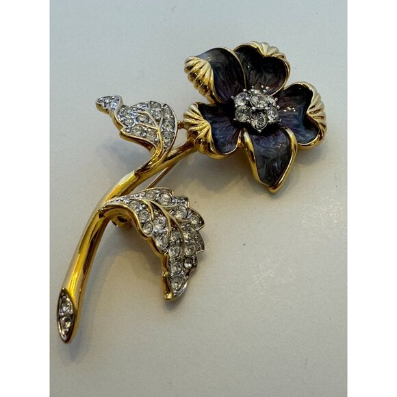 Nolan Miller Flower Brooch Pin Rhinestones Enamel Petals Gold-Tone 2.5 inches - Picture 7 of 7